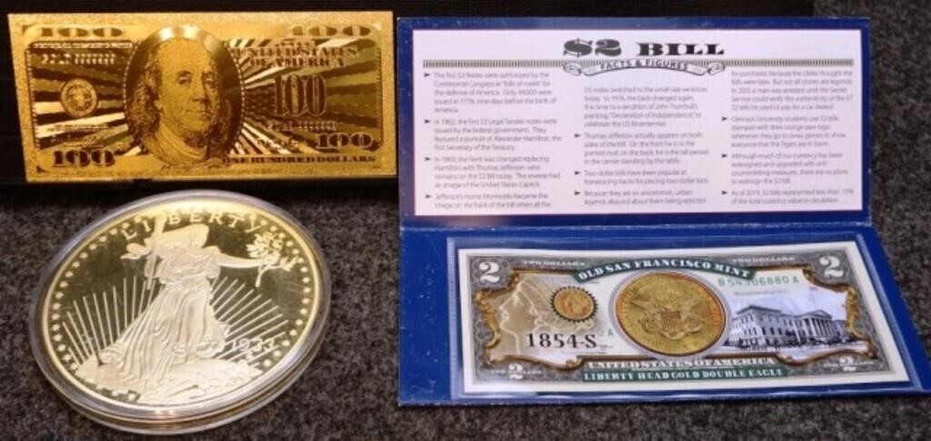 Colorized $2 Bill, 10+ oz. Gold Plated Coin & More