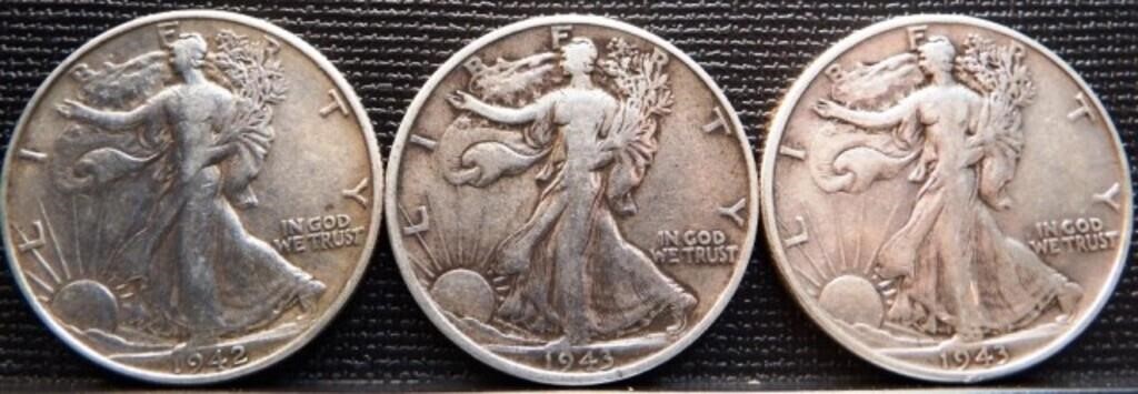 1942 & (2) 1943 Walking Silver Half Dollars
