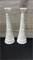 2 Vintage Milk Glass Bud  Vases 9.5" Tall