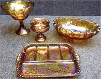Carnival Glass Bowl, Compotes & Tray