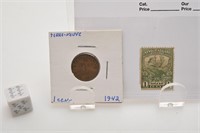 Pièce de 1 cent de Terre-Neuve, 1942, et timbre