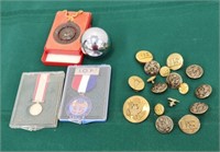 Military buttons, pins, ribbons, etc