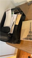 Desk drawer contents, scissors, file folder,