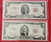 2- 1953A Red Seal 2 Dollar Bills