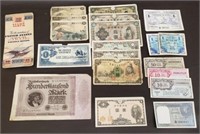 Lot of Foreign & US Military Bills w/ Stamp Book.
