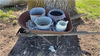 Decorative Wheelbarrow old  pots, granite , metal