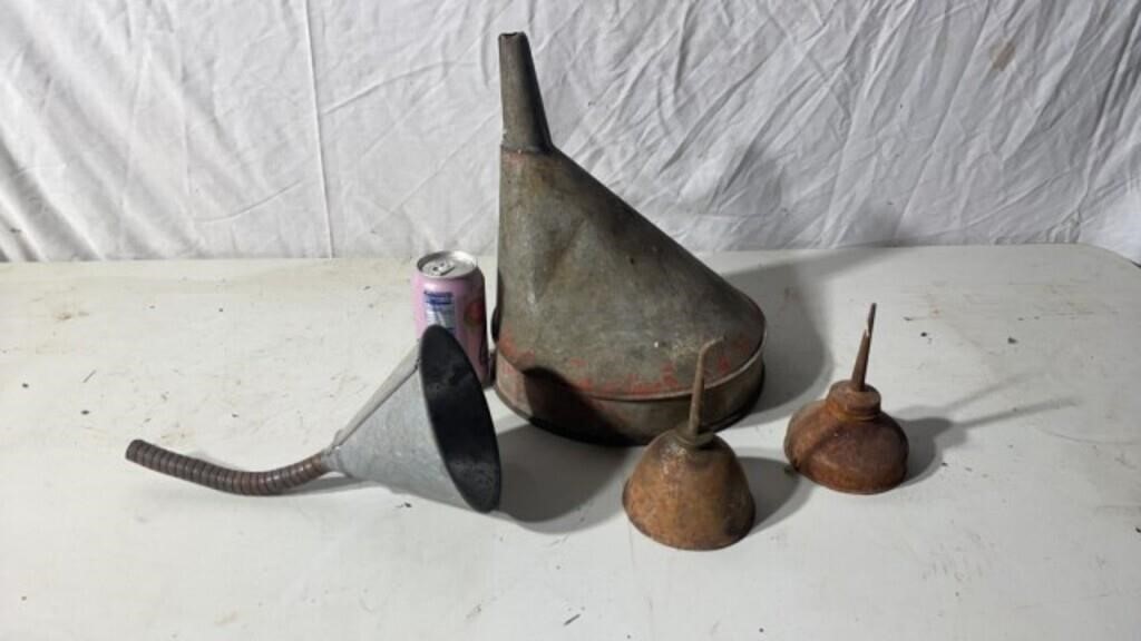 Old Metal Gas Funnel, Oil Cans