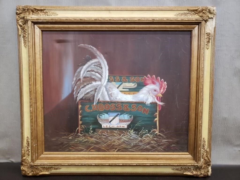 Original Oil Of Rooster in Crate. Signed Borofsky.