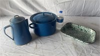 Vintage Green and White Enamel Ware, Blue and