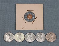(4) AU Wheat Cents, (1) Lincoln Memorial Cent
