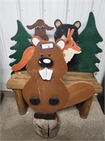 Wooden Outdoor Bench, Wooden Fox and Beaver
