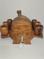 Wooden Hand Carved Miniature keg with mugs