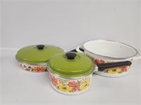 1970's Enamel Floral Pot & Pan
