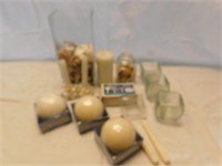 Candles, sea shells, candle holders & other misc