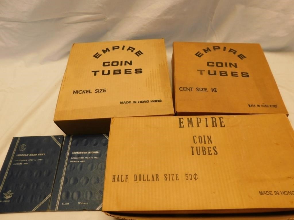 3 boxes of Empire coin tubes + coin holder books