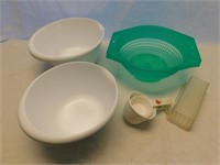 Plastic cantainers- bowls, butter dish, collander