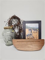 Framed Wolf Print, Glass Jar with Lid, Wooden