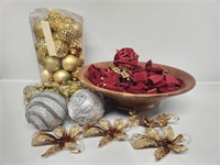 Gold Ornaments, Bowl with Red Decor, and More