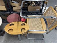 Cup holder for a van/ camper, red stool, chairs