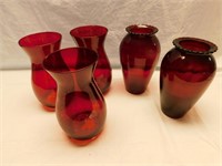 2 ruby glass and 3 painted red vases