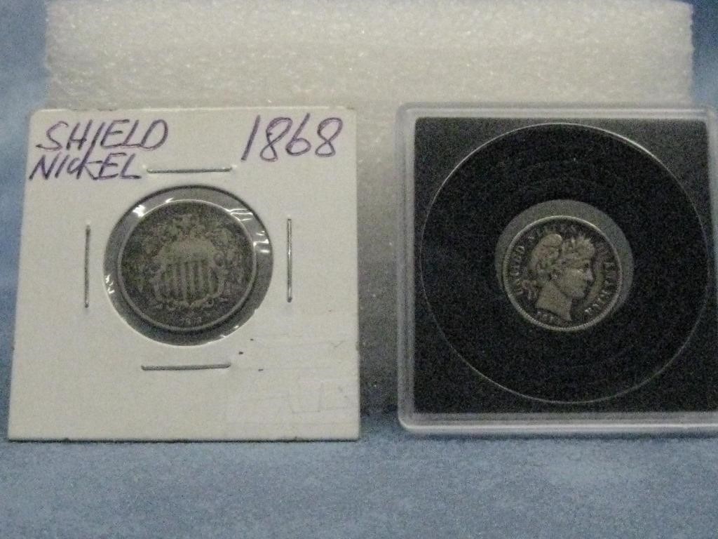 1913 Barber Dime 90% Silver & 1868 Shield Nickel