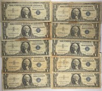 Lot of 10: $1 Silver Certificates