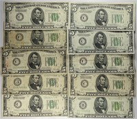 Lot of 10: $5 Federal Reserve Notes