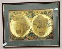 Framed gold foiled world map, 29x23 in