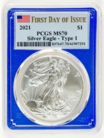 Coin 2021 Silver Eagle Type 1 PCGS MS70