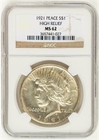 Coin 1921 Peace Silver $ High Relief NGC MS62