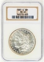 Coin 1881-S  Morgan Silver Dollar NGC MS65