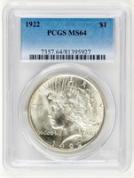 Coin 1922 Peace Silver Dollar PCGS MS64