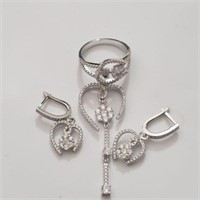 SILVER PENDENT RING AND EARRING CZ  SET