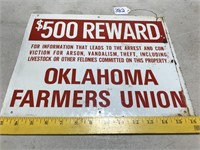 $500 Reward - Oklahoma Farmers Union Metal Sign