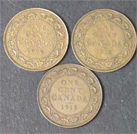 3 x 1916 Canada One Cent King George V Coins