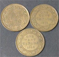 1912 & 15 Canada One Cent Coins x 3