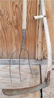 Antique Scythe & 3 Tine Pitch Fork