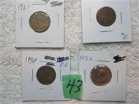 4 Canadian pennies George V, 1921,26,30,32