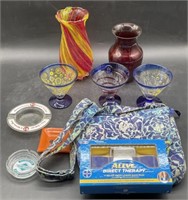 (G) Art Glass Vase and Glasses, Ash Trays, and