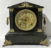 (P) Ornate Wood and Brass Mantle Clock. 12in H