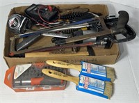 (T) Box of Miscellaneous Tools, Paint Brushes and