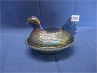Vtg Indiana Glass Carnival Blue Hen on Nest Dish