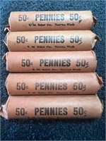 LOT, (5) ROLLS WHEAT PENNIES FROM THE 40s and 50s