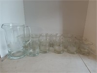 Etched glass pitcher w/ 11 asst glasses