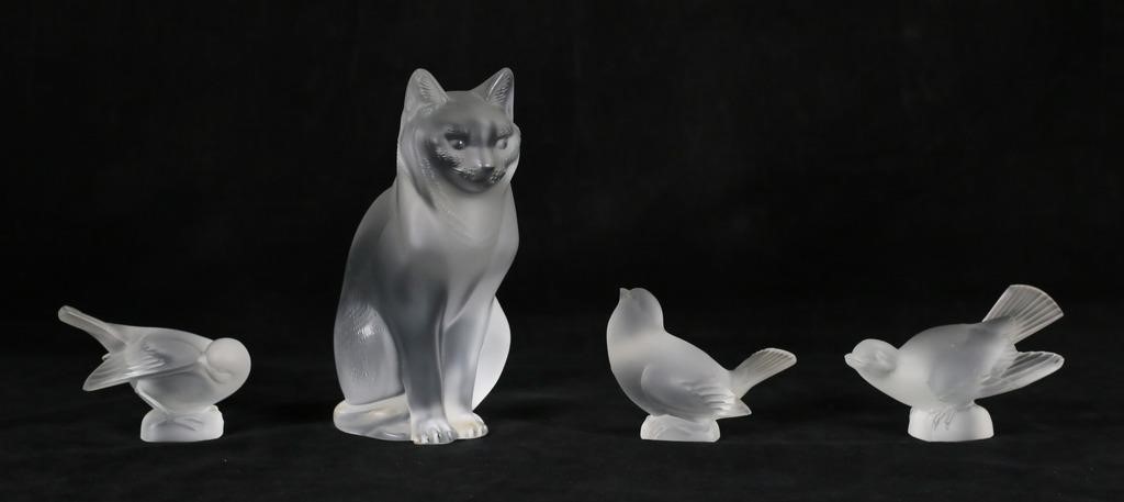 4 Pieces Lalique Crystal Cat And Birds