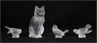 4 Pieces Lalique Crystal Cat And Birds