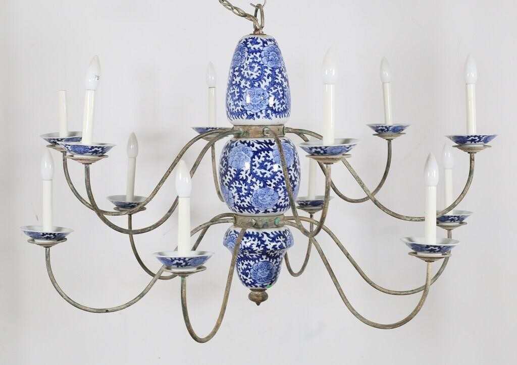 Blue And White Porcelain And Metal Chandelier