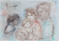 Edna Hibel Lithograph With Pastel Family Portrait
