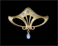 Vintage Art Nouveau 18k Gold, Diamond & Pearl Pin