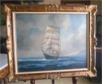 ANTIQUE LARGE OIL PAINTING OF CLIPPER SHIP - WARD